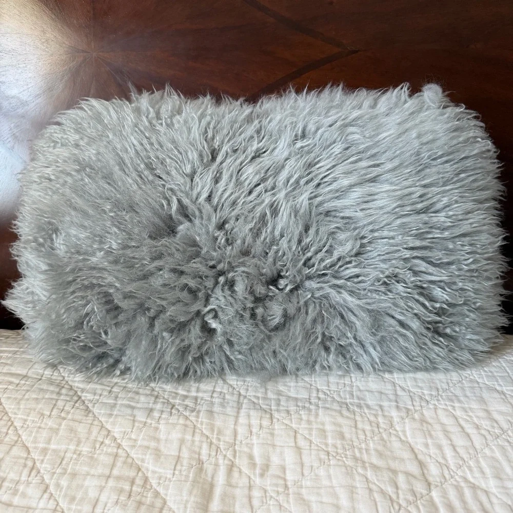 Icelandic Sheepskin Pillow 18x10 Gray Long Wool Fur Cushion Scandinavian Hygge